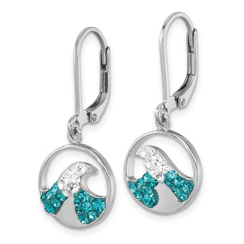 Sterling Silver Rhodium-Plated Polished Crystal Whitecap Wave Dangle Leverback Earrings — alternate view