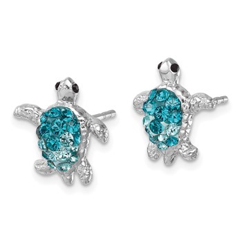 Sterling Silver Rhodium-plated Polished Blue Crystal Turtle Post Earrings — alternate view