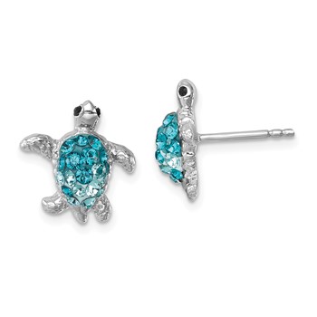 Sterling Silver Rhodium-plated Polished Blue Crystal Turtle Post Earrings