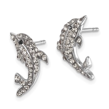 Sterling Silver Rhodium-plated Polished Pale Blue Crystal Dolphin Post Earrings — alternate view