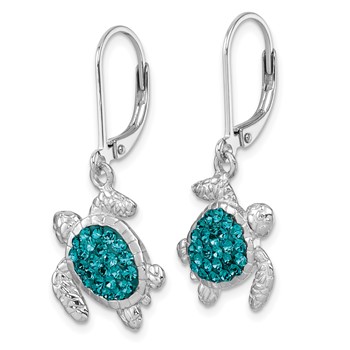 Sterling Silver Rhodium-plated Polished Blue Crystal Turtle Dangle Leverback Earrings — alternate view