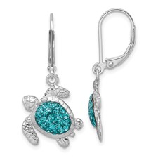 Image of Sterling Silver Rhodium-plated Polished Blue Crystal Turtle Dangle Leverback Earrings