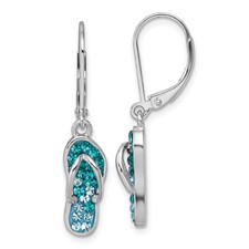 Image of Sterling Silver Rhodium-plated Polished Blue and White Crystal Flip Flop Dangle Leverback Earrings