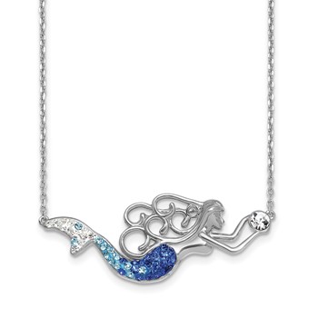 Sterling Silver Rhodium-Plated Polished Blue and White Crystal Mermaid 18.5 inch with a 1 inch extention Necklace