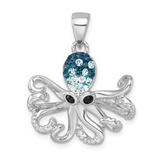 Image of Sterling Silver Rhodium-plated Polished Blue Crystal Octopus Pendant