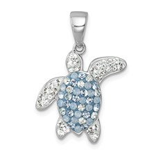 Image of Sterling Silver Rhodium-plated Polished Blue and White Crystal Turtle Pendant