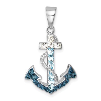 Sterling Silver Rhodium-Plated Polished Crystal Anchor Pendant