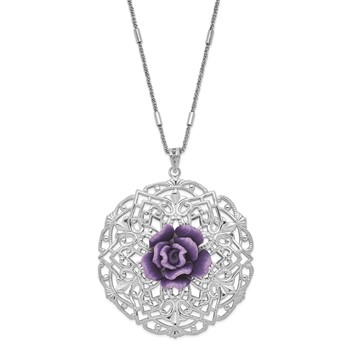 Sterling Silver Rhodium-plated Polished & Textured Purple Resin Rose Circle Necklace — alternate view