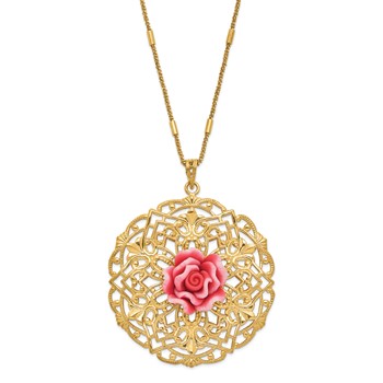 Sterling Silver Gold-tone Polished & Textured Resin Rose Circle Necklace — alternate view