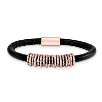 Sterling Silver 5mm Black Leather CZ Station RG Plate Small Bracel