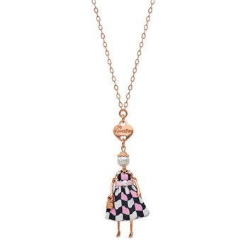 Le Amiche Rose-tone Sim. Pearl Pink Checkered Doll Necklace