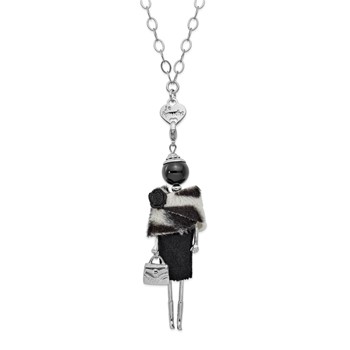 Le Amiche Silver-tone Onyx Black and White Fur Doll Charm w/Chain