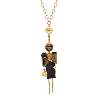 Le Amiche Gold-tone Tiger Eye Black and Tan Fur Doll Charm w/Chain