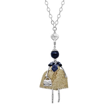 Le Amiche Silver-tone Blue Jade Golden Dress Doll Charm w/Chain
