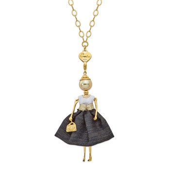 Le Amiche Gold-tone Golden Sim.Pearl Black/White Doll Charm w/Chain