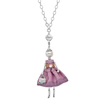 Le Amiche Silver-tone Sim.Pearl Strass Crystal Chev Doll Charm w/Chain