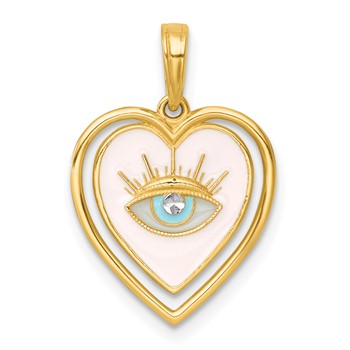 14k with White Rhodium Polished Multi Color Enamel Eye In Heart Charm