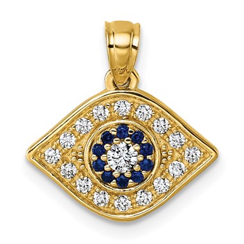 14k Polished Lab Created Blue Spinel and CZ Evil Eye Charm Pendant