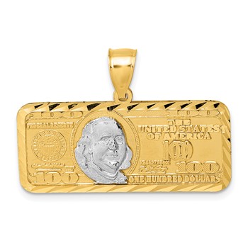 14k Polished with Rhodium Diamond-cut 100 Dollar Bill Pendant