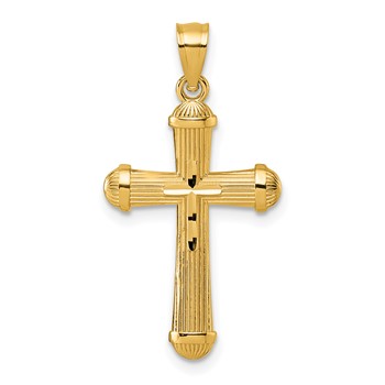 14k Polished and Diamond-cut Grooved Hollow Back Cross Pendant