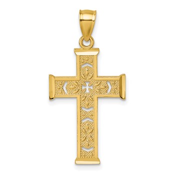 14k Polished Diamond-cut Textured Fancy Pierced Design Cross Pendant