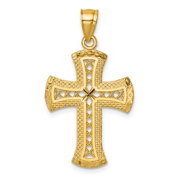 14k Polished Diamond-cut Textured Fancy Pierced Lattice Design Cross Pendant