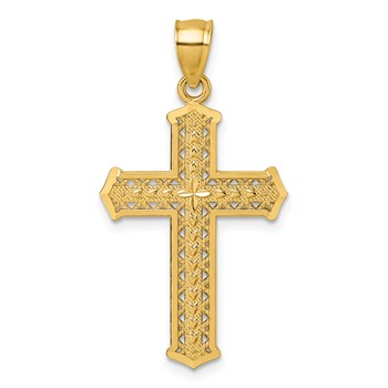 14k Polished Diamond-cut Textured Fancy Pierced Design Cross Pendant