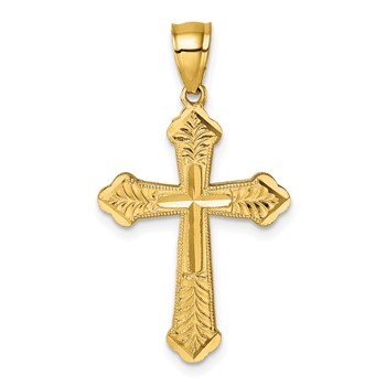 14k Polished Diamond-cut Textured Fancy Budded Cross Pendant