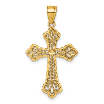 14k Polished Diamond-cut Fleur de Lis Filigree Textured Fancy Cross Pendant