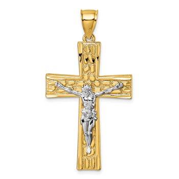 14k and White Rhodium Polished Diamond-cut Nugget Crucifix Pendant