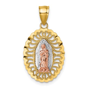 14k Two-tone with White Rhodium Polished Diamond-cut Pierced Design Our Lady of Guadalupe Pendant