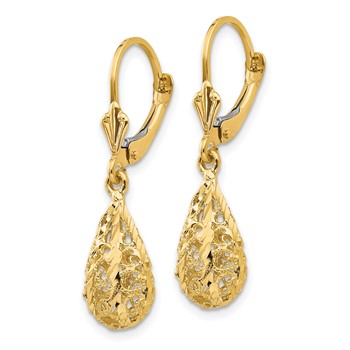14k Polished Diamond-Cut Filigree Teardrop Dangle Leverback Earrings — alternate view