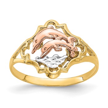 14K Yellow and Rose Gold with White Rhodium Double Dolphin Ring