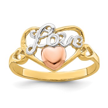 14k Yellow and Rose Gold with White Rhodium LOVE Heart Ring