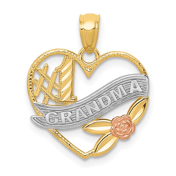 14k Two-tone w/White Rhodium #1 GRANDMA Heart Pendant - Quality Gold