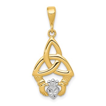 14K and White Rhodium Diamond-cut Claddagh Trinity Knot Pendant