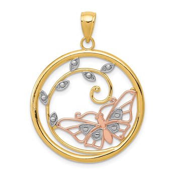 14k Two-tone with White Rhodium Butterfly in Circle Pendant