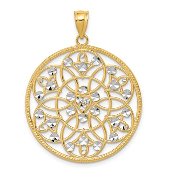 14K and White Rhodium Diamond-cut Circle Pendant