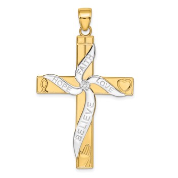 14K and White Rhodium Large HOPE FAITH LOVE BELIEVE Cross Pendant