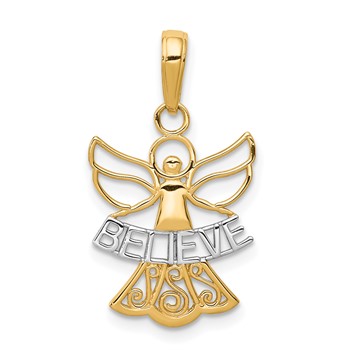 14K and White Rhodium BELIEVE Angel Pendant