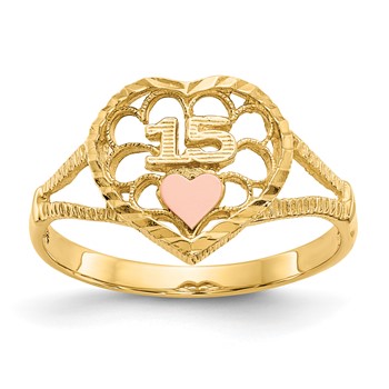 14K Two-tone Diamond-cut Quinceanera 15 in Heart Ring