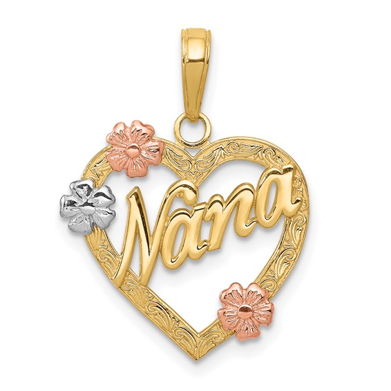 14K Tri-color NANA in Heart with Flowers Pendant - Quality Gold