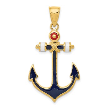 14K 2-D Red White and Blue Enameled Anchor Pendant