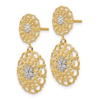 14K and White Rhodium Diamond-cut Filigree Medallion Drop Post Earrings — alternate view