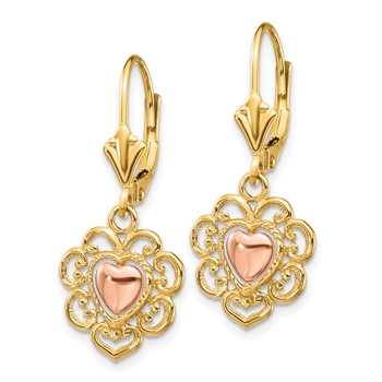 14K Two-tone Heart with Lace Trim Leverback Earrings — alternate view
