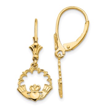 14K Claddagh in Circle Dangle Leverback Earrings