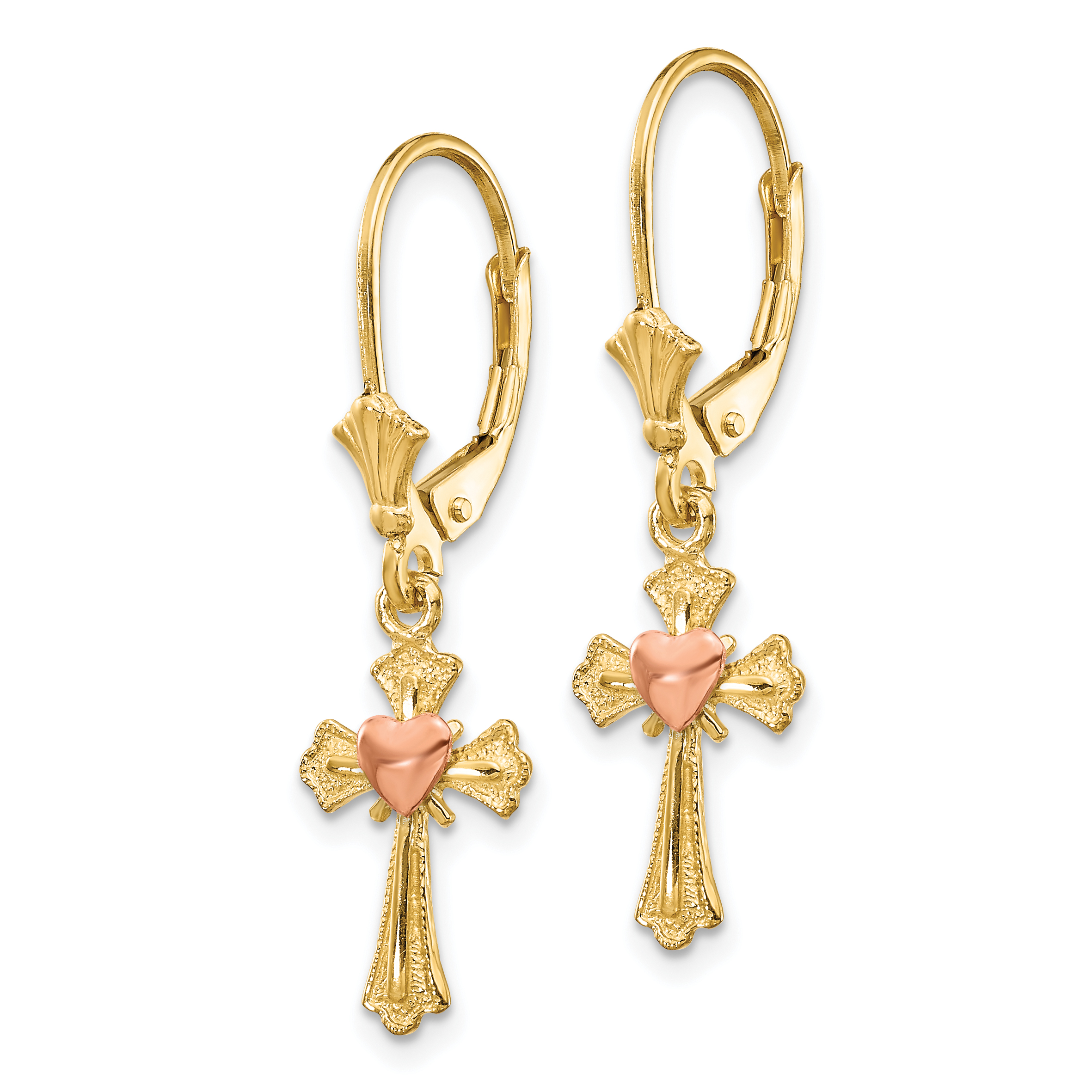 Heart on Cross Dangle Leverback Earrings 14k Two-tone 32x9mm Women's Religious detailed image 2