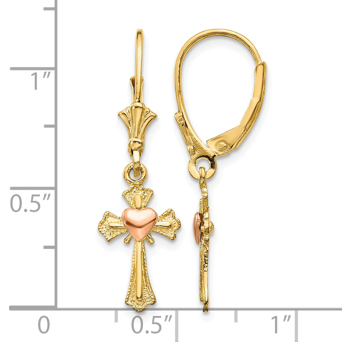 Heart on Cross Dangle Leverback Earrings 14k Two-tone 32x9mm Women's Religious detailed image 4