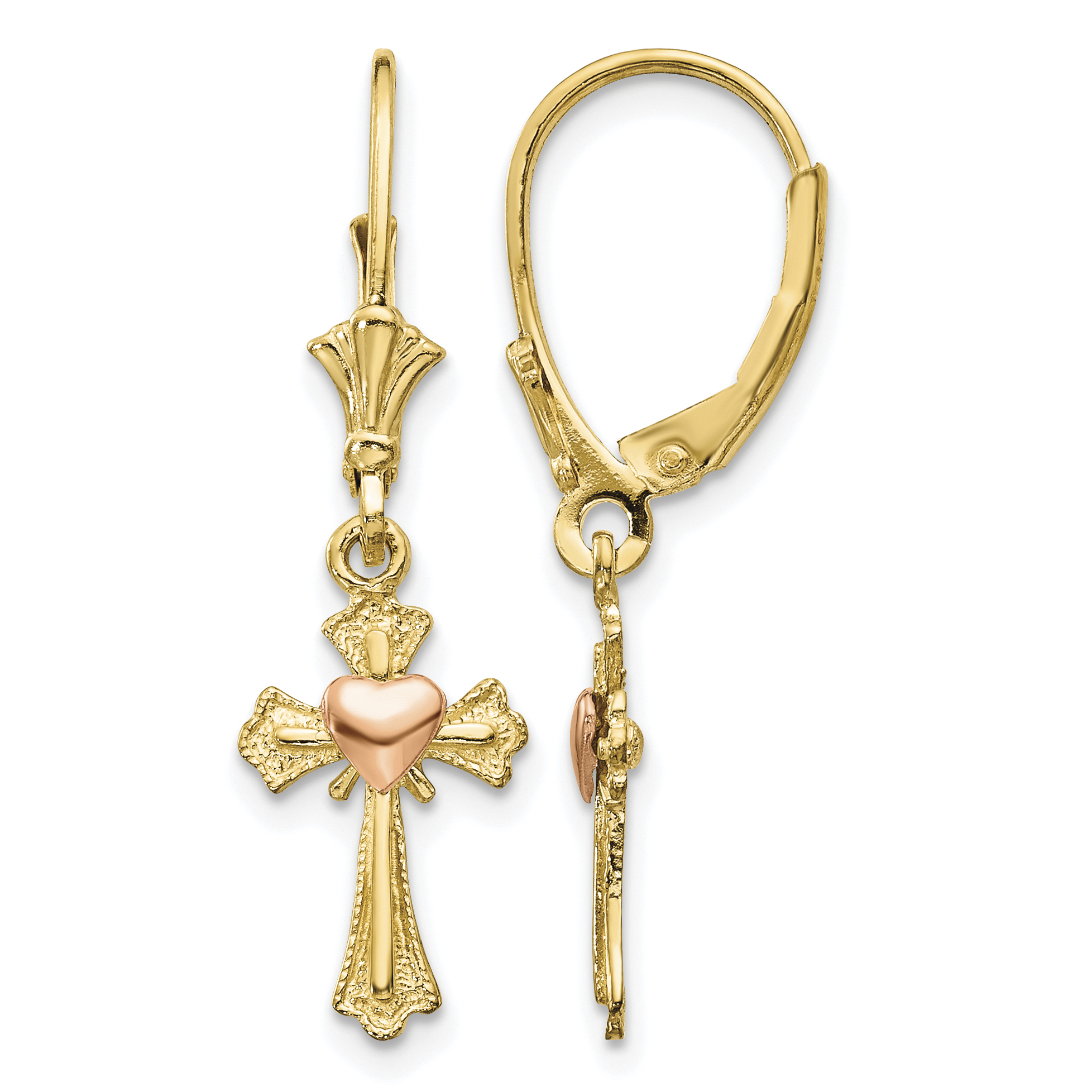 Heart on Cross Dangle Leverback Earrings 14k Two-tone 32x9mm Women's Religious main product image
