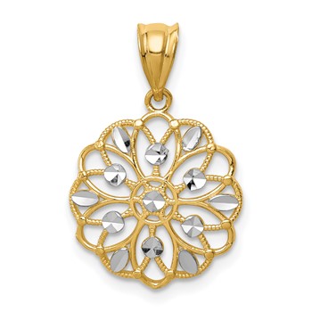 14K and White Rhodium Diamond-Cut Round Pendant